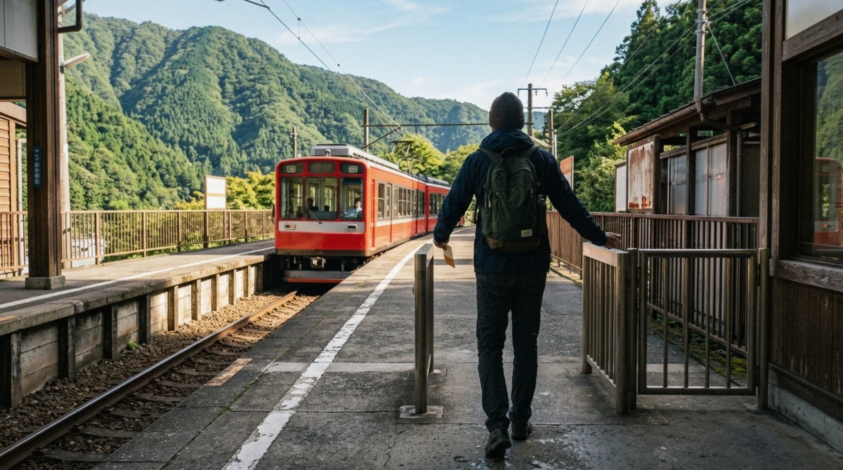 A traveler holding a Hakone Freepass ticket at an Odakyu station gate before boarding toward the Lake Ashi cruise