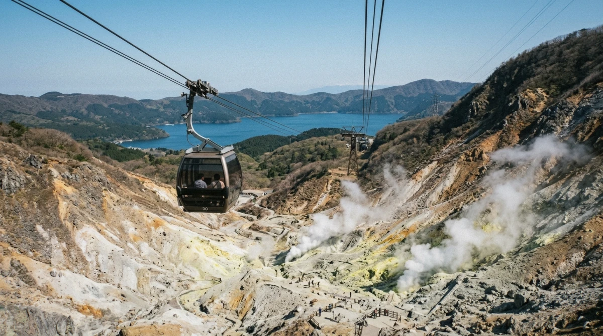 Cabins on the Hakone Ropeway crossing above Owakudani valley on the hakone loop route toward Togendai