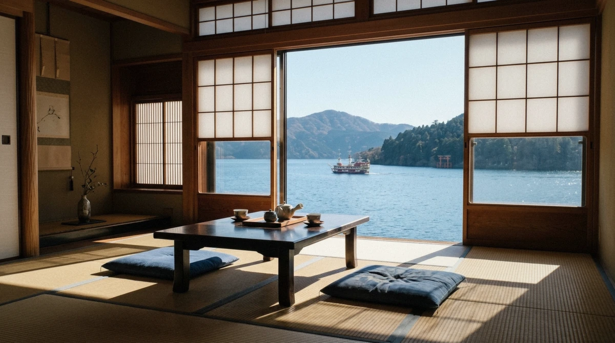A traditional ryokan room in Hakone with tatami mats and a mountain view, illustrating where to stay in Hakone