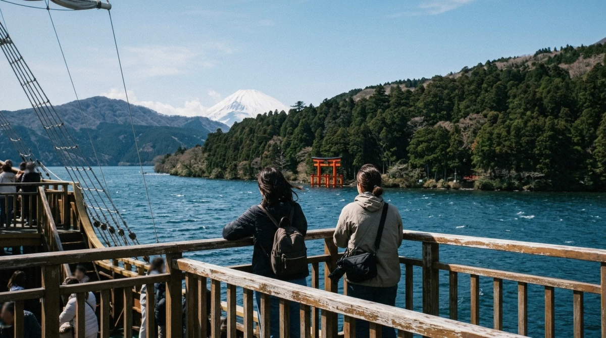 Lake Ashi with a sightseeing boat on the water, the view at the center of whether Hakone is worth visiting